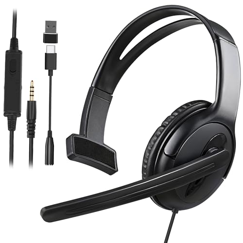 Wired One Ear Headset with Mic, 3.5mm/Type-C/USB...