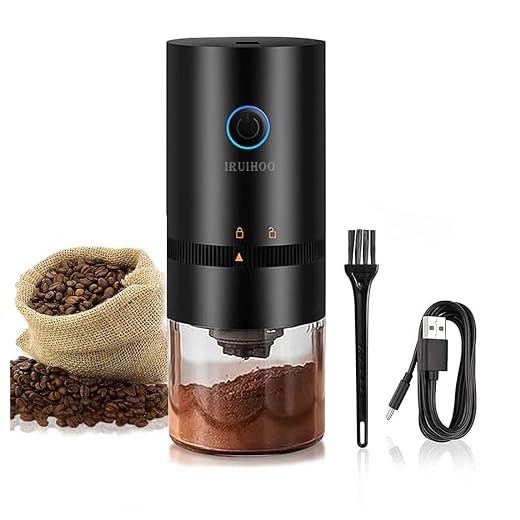 Moedor de café elétrico portátil, Iruihoo 4 xícaras pequeno moedor cônico automático moedor de grãos de café com configuração multi moagem para espresso gotejamento despeje sobre prensa
