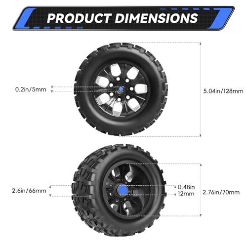AllinRC 2.8 Pre-Glued 1/10 RC Truck Tires and Wheels 12mm Hex Foam Inserts for 1/10 Scale RC Monster Truck Compatible with Traxxas Rustler Stampede Hoss Redcat Volcano Epx, Set of 4