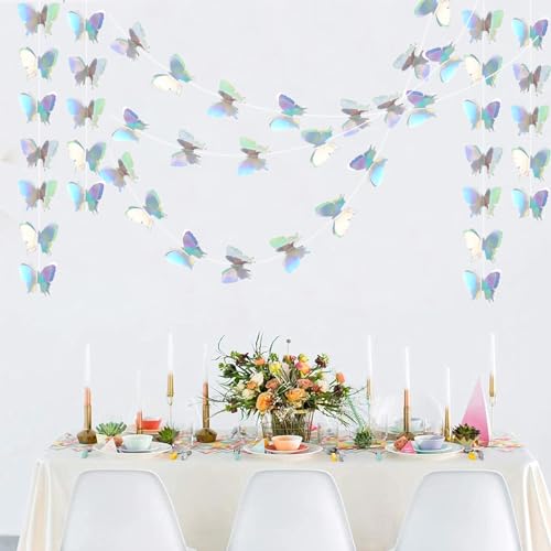 Image of BEISHIDA 5 Pieces Iridescent 3D Butterfly Paper Garland Hanging Decorative Banner for Home Ceiling Decor Birthday Party Baby Shower Wedding Theme Showcase Decoration Supplies Total 393 Inch Length