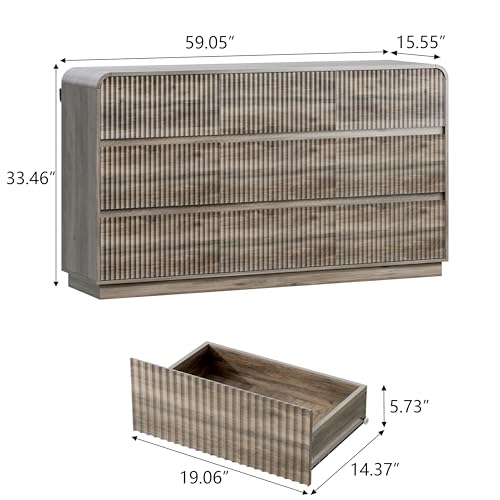 Image of Wodeer Grey Dresser Fluted 9 Drawers Dresser for Bedroom, 59 inch Wide Wood Chest of Drawers with Hidden Handles & Rounded Corners, Modern TV Stand Storage Cabinet for Living Room, Hallway, Entryway, Gray