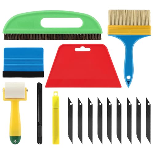 Wallpaper Brush Tools Kit with Felt Squeegee Roller Brushes and Knife Blades for Paper Peel and Stick Wallpaper Car Wrap Vinyl Window Tint Film(Colorful)