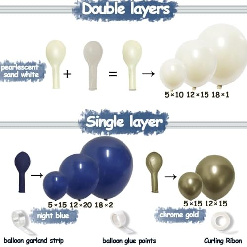 Image of Navy Blue Balloon Garland Double Stuffed Pearl White Royal Blue Balloons Dark Navy Gold Balloon Arch Kit for Birthday Baby Shower Wedding Graduation Father's Day Party Decor