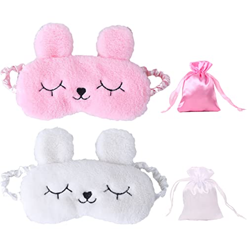 Soft Sleep Mask Cute Eye Mask For Sleeping,Plush Eye Mask For Girls,Cute Sleep Mask Comfortable,White Rabbit Plush Eye Mask,Pink Sleep Mask For Kids,Satin Elastic Strap,Silk Bag(2+2Pack) #TOP24