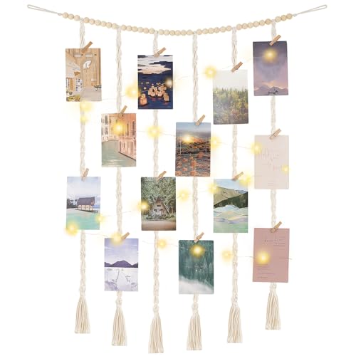 Mkono Macrame Hanging Photo Display Wall Decor with String Lights, Boho Wooden Beads Garland Collage Picture Card Frame Holder with 30 Clips for Bedroom Living Room Dorm, Teen Girls Christmas Gifts