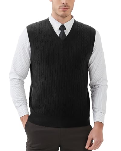 Kallspin Men’s Wool Blended Cable Knit Sweater Vest V Neck Relaxed Fit Sleeveless Pullovers