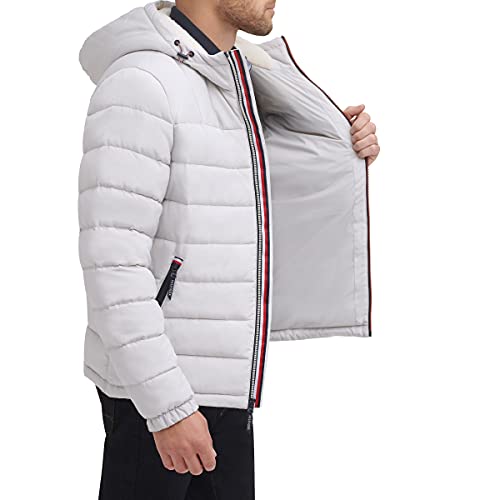 Tommy Hilfiger Herren Midweight Sherpa Lined Hooded Water Resistant Puffer Jacket Mantel, Ice Tech, L