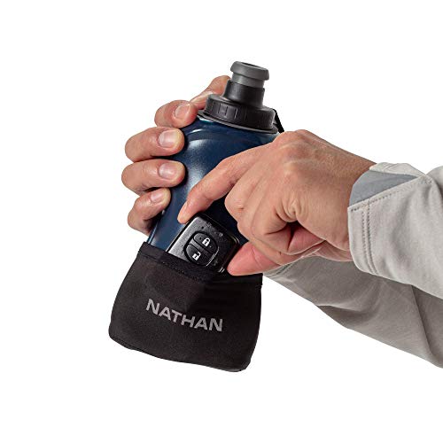 Nathan Running Handheld Quick Squeeze. No-Grip Adjustable Hand Strap. 12Oz / 18Oz / Insulated. Reflective Hydration Water Bottle. (18Oz, Black / Blue) #TOP4
