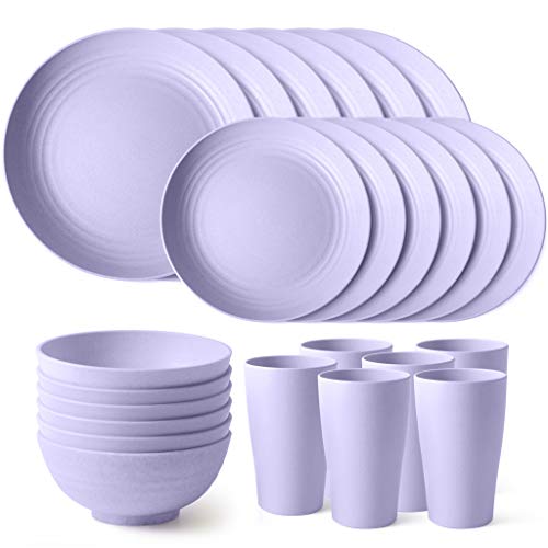 Teivio Kitchen Wheat Straw Dinnerware Set Dinner Plates Dessert Plate Cereal Bowls Cups Unbreakable Reusable Service for 6 24 piecesPurple
