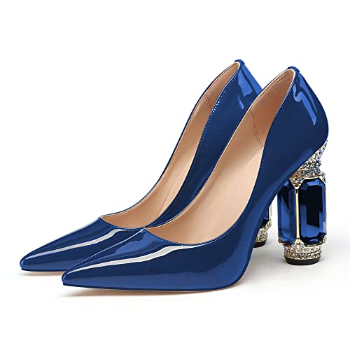 Image of JANSEVEN Women Chunky Heels Pumps Crystal Block Heels with Rhinestones Pointed Toe Sexy Gradient Patent Leather Slip on Bridal Party Wedding Dress Shoes 5-13 M US