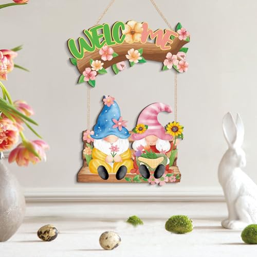 Image of HPNIUB Spring Welcome Door Sign, Cute Gnome Hanging Sign for Home, Farmhouse Colorful Flowers Spring Wall Decor for Indoor outdoor Front Door Window Yard Wall Decorations