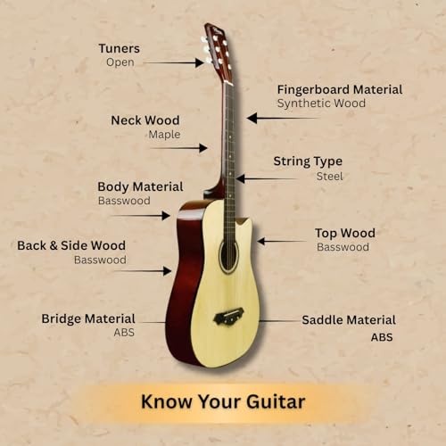 Image of Henrix 38C 38 Inch Cutaway Basswood Acoustic Guitar With Dual Action Truss Rod, Gigbag, Picks, String Set, String Winder, Strap, Polishing Cloth & Ebook - Natural