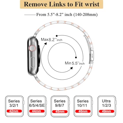 Image of MioHHR Slim Metal Band Compatible with Apple Watch Bands 49 /46 /45 /44 /42mm | Thin Luxury Stainless Steel iWatch Bands Ultra 3 /2 /1 Series 11 /10 /9 /8 /7 /6 /5 /4 /3 /2 /1 /SE3 /SE2 /SE for Women,Silver /Rose Gold