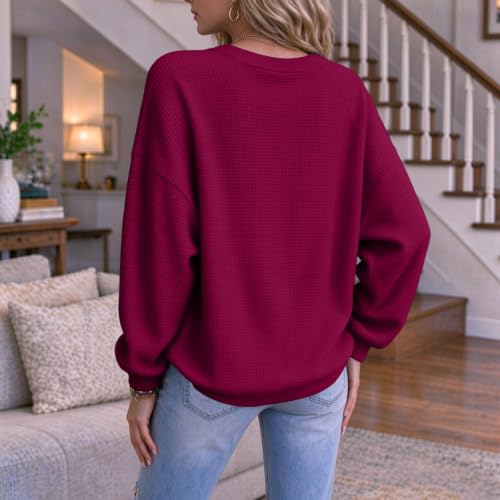 Waffle Shirt Women Faux Layered V Neck Waffle Knit Henley Tops for Women - image 4