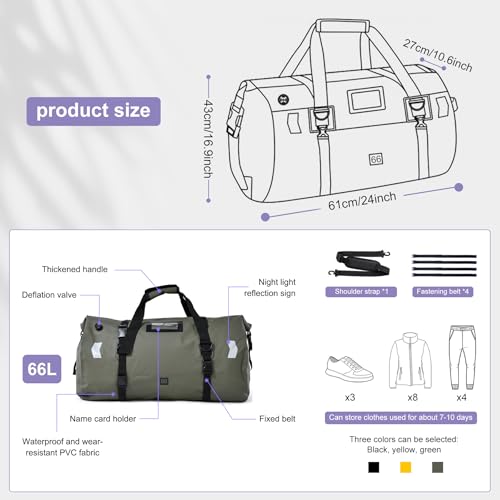 Waterproof Duffel Bag，Roll-Top Heavy Duty Dry Duffle Bag，Motorcycle Dry Bag，with Quick-fixed Straps，with Large Storage Space, Perfect for Traveling, Camping, Kayaking, Fishing & Canoeing (green, 66L)2