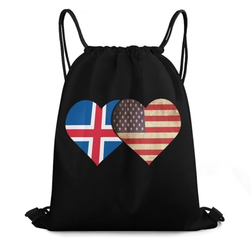 Iceland Flag And American Flag Drawstring Backpack Durable Sport Gym Bags Daypack for Men Women 35 * 42cm