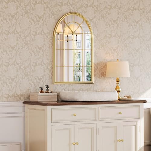 Image of Uniclinens Window Mirrors for Wall Decor - Large Gold Farmhouse Arched Window Pane Mirror for Wall Decor Living Room, Gorgeous for Entryway, Fireplace, Hallway,Dining Room,36 inchX24 inch