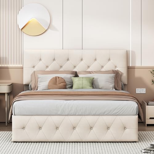 KEFSR Cama Doble Pequeña Moderno con Cabecero Capitoné, Tapizado en Terciopelo Blanco, Espacio de Almacenamiento, Elevación Hidráulica, Sin Box Spring, 160 x 200 cm, Blanco