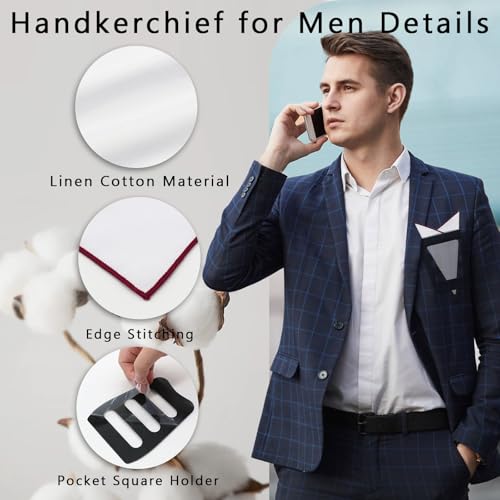 Image of White Pocket Squares for Men, Mens Linen Cotton Handkerchiefs with Pocket Square Holder for Daily Wedding Banquet
