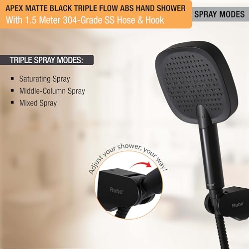 Image of Ruhe Apex Multi-Functional Triple-Flow Modes ABS Hand Shower with 1.5 Meter 304-Grade Stainless Steel Hose & Hook - Matte Black Finish