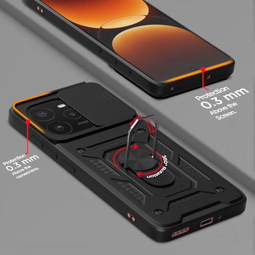 Image of Outlouders Back Cover for Realme GT 7 Pro 5G | D10 Tough Armor 360 Protection Case with Sliding Camera Shield & Ring Holder Stand Bumper Case (Black)