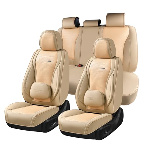 Coverado Car Seat Covers Full Set, Beige Seat Covers for Cars, Waterproof Nappa Leather Automotive Seat Covers with Lumbar Head Pillow, Car Seat Protectors, Universal Fit for Most Cars SUV