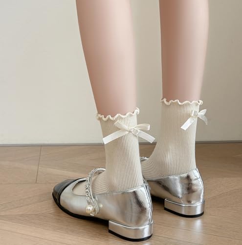 Image of Womens Bow Socks Ruffle Casual Crew Black Whitte Soft Breathable Cotton 4 Pairs Socks