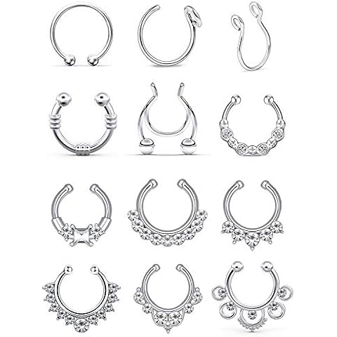Jenxnjsjo Fake Septum Piercing Rings Non Pierced Faux Piercings Jewelry for Women Men Round Sun Stainless Steel Clip On Fakes Septums Nose Ring Hoop Cuffs Cover