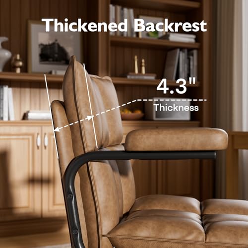 Image of Ollega Mid Century Modern Desk Chair, Vintage Leather Office Chair, Brown | Petite Computer Chair for Small to Medium Women, Thickened Back, Cozy Seat, Adjustable Height for Home