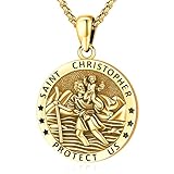 LOOVE Saint Necklace St Christopher Medal for Men Golden Sterling Silver Saint Christopher Necklace for Women Golden Patron St Christopher Pendant 14K Gold-Plated Religious Protection Pendant St Christopher Jewelry