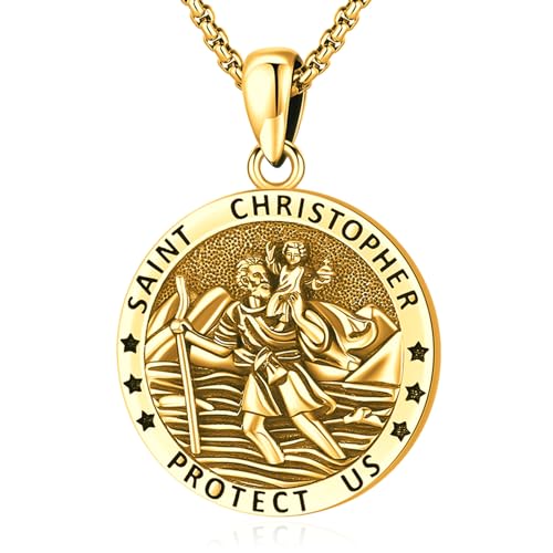 LOOVE Saint Necklace St Christopher Medal for Men Golden Sterling Silver Saint Christopher Necklace for Women Golden Patron St Christopher Pendant 14K Gold-Plated Religious Protection Pendant St Christopher Jewelry