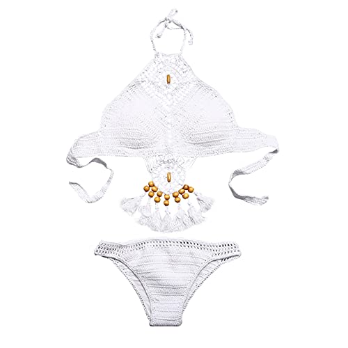 Dinglong Bikini Traje de baño Atractivo de la Borla sin Respaldo del Ganchillo Que Hace Punto de Las Bikini (White, L)