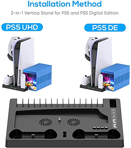 Image of New World Vertical Stand for PS5 Digital Edition and Disc Edition Console with Cooling Fan, Controller Charging Station and 15 Game Cards Slots and Headset Stand for PS5