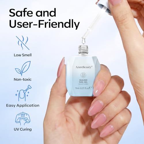 Image of AZUREBEAUTY Builder Nail Gel Kit, 3Pcs Clear Builder Gel with Base Coat and No Wipe Top Coat, UV LED Cured Extension Apex Building Set for Home Salon DIY, 11 mL
