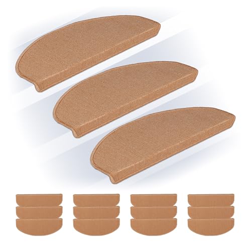 Relaxdays Alfombras Escaleras, Set 15, Alfombrillas Escalones, Circular, Antideslizantes, 65x24 cm, Autoadhesivas, Beige, Plástico