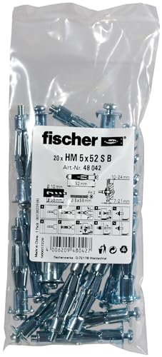 fischer Hohlraum-Metalldübel HM 5 x 52 S, Hohlraum-Metalldübel mit metrischer Schraube zum Befestigen von leichten Wandregalen, Gardinenschienen, uvm. in Plattenbaustoffen, 20 Stück