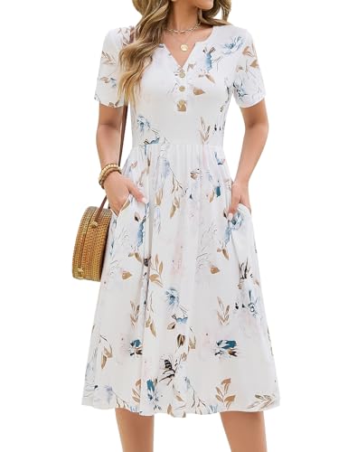 CMTOP Robe Femme Ete Chic et Elegant Col en V Fleurie Robe Mi Longue Décontractée Manches Courtes Boutons Genou Légère Robe Style Taille Empire avec Poches...