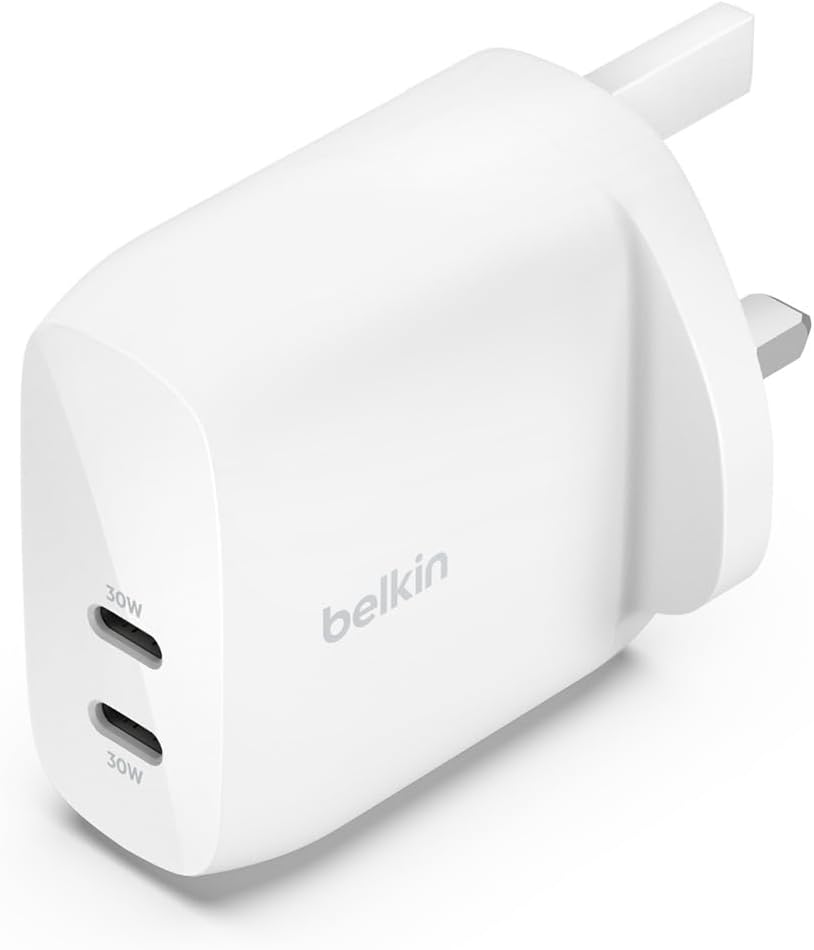 Belkin BoostCharge dual USB-C plug with PPS, 60W phone charger for iPhone 17, iPhone Air, iPad, Samsung Galaxy, Google Pixel, MacBook - Compatible w/ USB-C to lightning cable & USB-C to USB-C - White