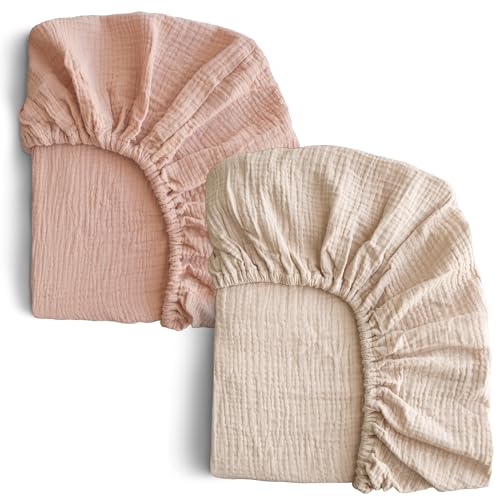 Image of COSMOPLUS-Muslin-Crib-Sheets-for-Girls-Boys-Neutral-Baby,2 Pack Boho Crib Matress Sheet,Fitted Crib Sheet for Standard Crib Mattress & Toddler Bed Mattress,Organic Cotton,Pale Khaki & Coral