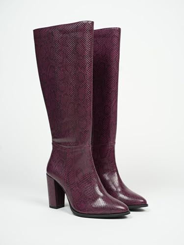 Image of Theater Women Nagini Knee-High Snake Print Boots | Chunky Block Heel & Pointed Toe | Stylish, Trendy, Comfortable Boots for Party, Casual & Fashion Wear