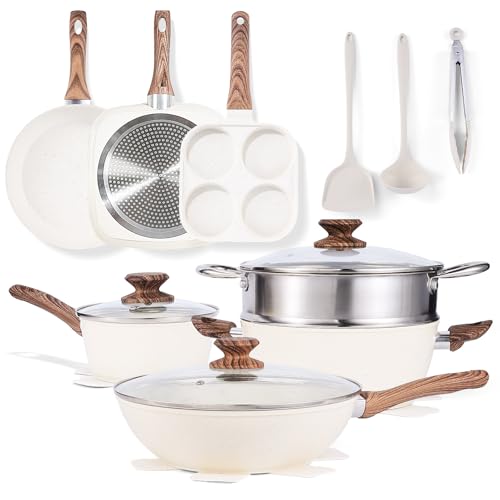 Image of NEWBULIG 17-Piece Cookware Set, Nonstick & Non-Toxic Pots and Pans with Stay-Cool Handles, Induction Compatible, Cream White