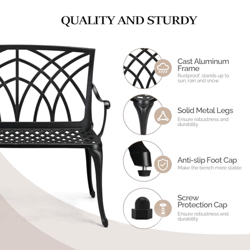 Image of VINGLI 38 inch Outdoor Metal Bench, Cast Aluminium Garden Bench, Weatherproof Antique Finish Orchid Chair, 1-2 Person Seat Deck Furniture for Porch Entryway Patio (Black)