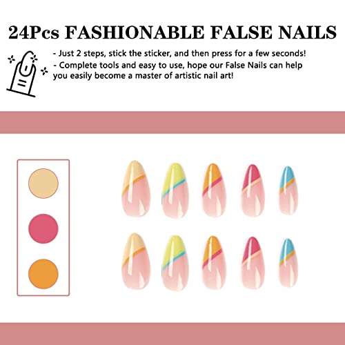 24Pcs Press On Nails Medium Length Fake Nails French Tips Rainbow Glossy Acrylic False Nails With Designs Stick On Nails For Women & Girls #TOP3