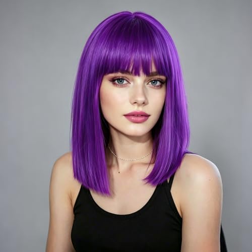 Yargel Hair Purple Straight Bob Wig with Bangs Short Purple Bob Wigs for Women Shoulder Length Heat Resistant Synthetic Bangs Wig for Daily Party Use (14 inch)