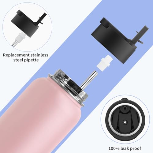 Image of Koodee Water Bottle with Straw 32 oz Stainless Steel Double Wall Vacuum Insulated Wide Mouth Water Flask-Reusable Metal Sports Water Bottle for Women (Light Pink)