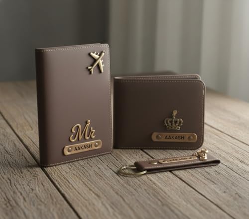 Image of Customized Wallet, Passport Cover & Keychain Combo Set for Men | Personalised Name Engraved Combo Sets | Custom Gift for Man Husband Boyfriend Father Birthday Rakhi & Anniversary