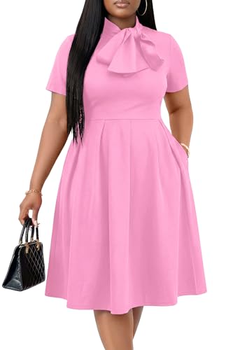 Image of FANDEE Midi Dress for Women Casual Short Sleeve A-line Semi Formal Fit and Flare Dress Classy Tie Neck Work Business Dresses