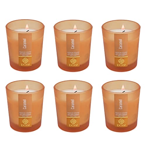 Image of EKAM Caramel Votive Soy Wax Scented Candle, 40 Grams, 10 Hours Burn Time| Long Lasting Premium Candles | Ideal for Home Decor | Gifting & Aromatherapy (Pack of 6)