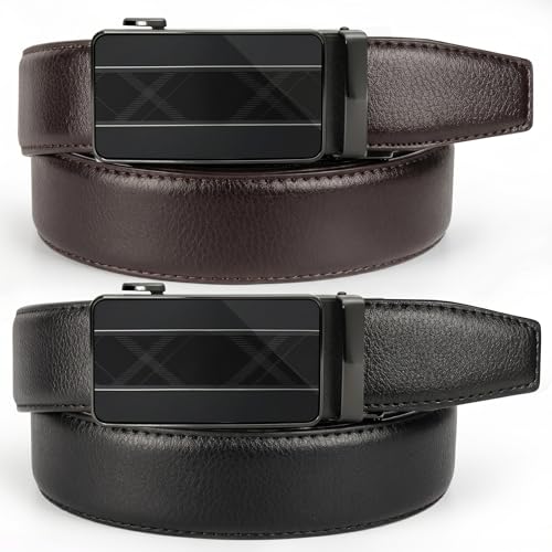 Image of Mens Ratchet Belts Leather-2 Packs,Adjustable Slide Belts For Gifts Men Dress and Casual 1 3 /8 inch,Cut for Perfect Fit