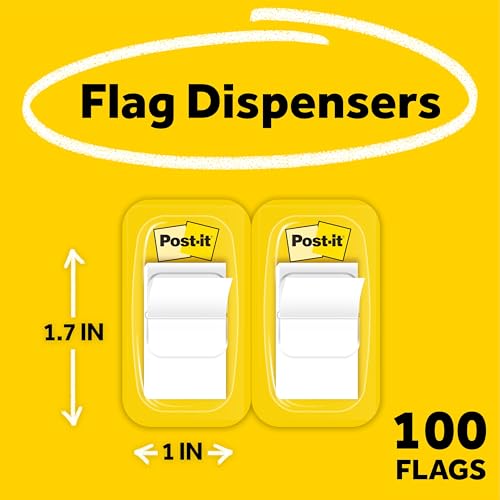 Image of Post-it Standard Page Flags in Dispenser 1in Wide, White 100 Flags, 680-WE2 | Removable Page Markers for Planners, Journals, and Calendars